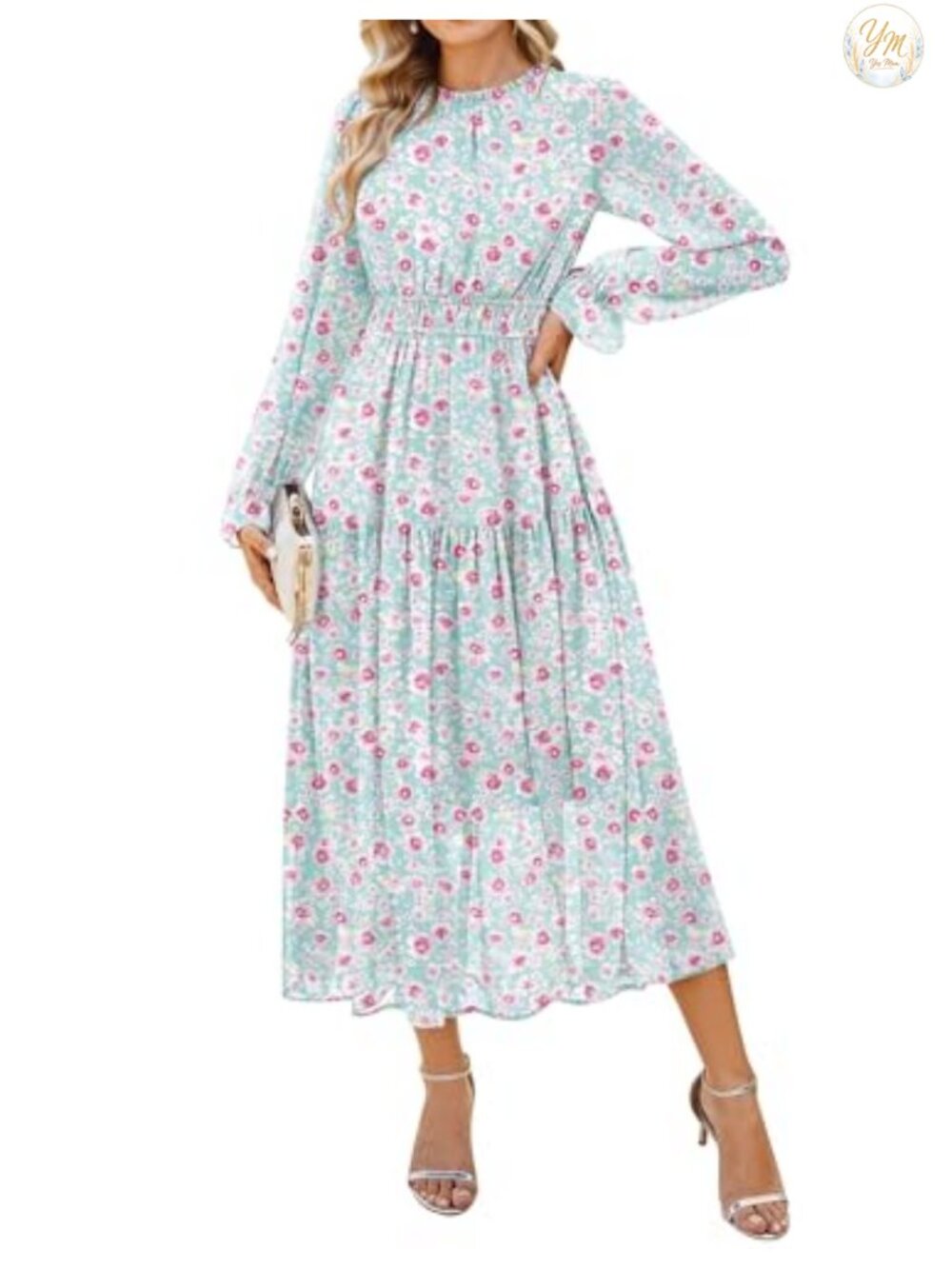 Long Sleeve Floral Maxi Dress Wedding Guest A-Line Pockets